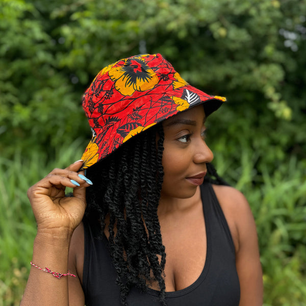 Bucket hat / Fischerhut mit afrikanischem Print - Rot Flowers - Kinder & Erwachsene Größen (Unisex)