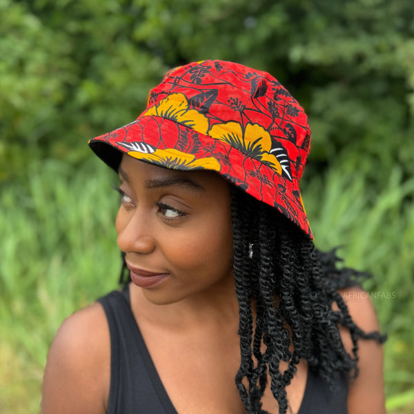 Bucket hat / Fischerhut mit afrikanischem Print - Rot Flowers - Kinder & Erwachsene Größen (Unisex)