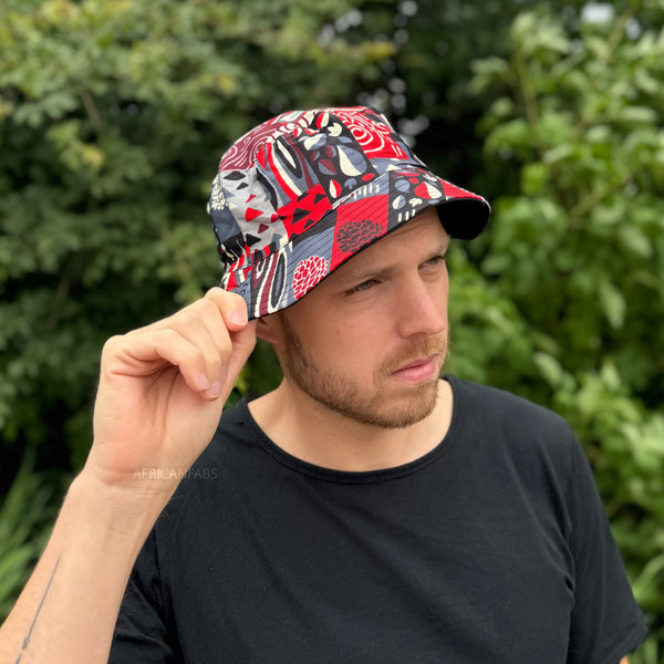 Bucket hat / Fischerhut mit afrikanischem Print - Rote Formen - Kinder & Erwachsene Größen (Unisex)