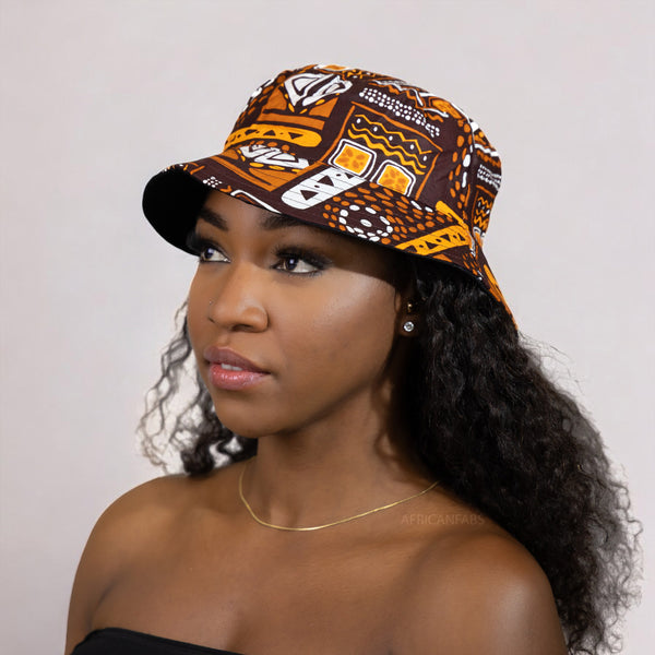 Bucket hat / Fischerhut mit afrikanischem Print - Braune Muster Bogolan - Kinder & Erwachsene Größen (Unisex)