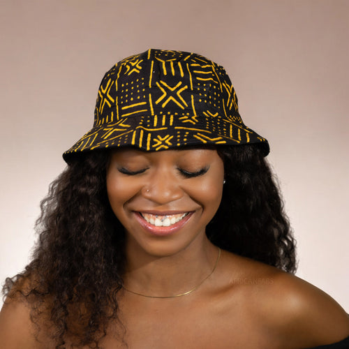 Bucket hat / Fischerhut mit afrikanischem Print - Satinfutter - Schwarz / gelb Bogolan - Kinder & Erwachsene Größen (Unisex)