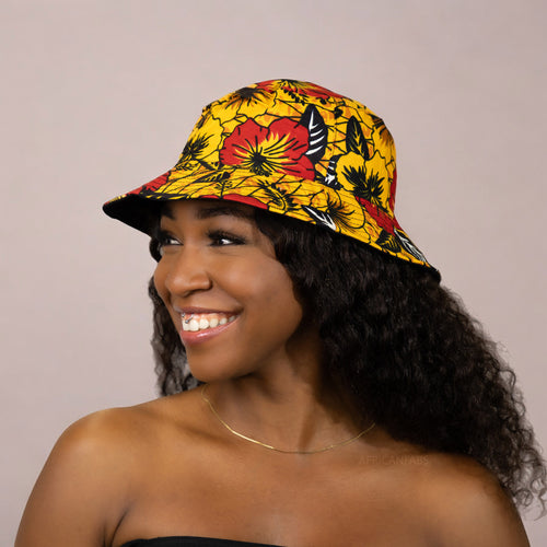 Bucket hat / Fischerhut mit afrikanischem Print - Satinfutter - Gelb Flowers - Kinder & Erwachsene Größen (Unisex)