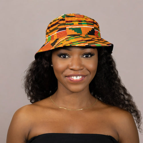 Bucket hat / Fischerhut mit afrikanischem Print - Satinfutter -Kente Orange / Grün- Kinder & Erwachsene Größen (Unisex)