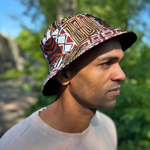 Bucket hat / Fischerhut mit afrikanischem Print - Braun Bogolan Mosaic - Kinder & Erwachsene Größen (Unisex)