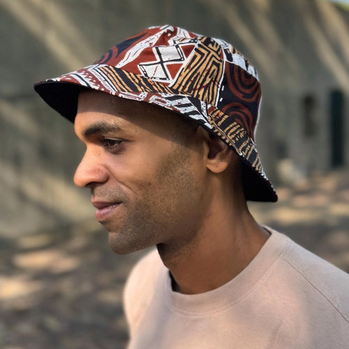Bucket hat / Fischerhut mit afrikanischem Print - Braun Bogolan Mosaic - Kinder & Erwachsene Größen (Unisex)