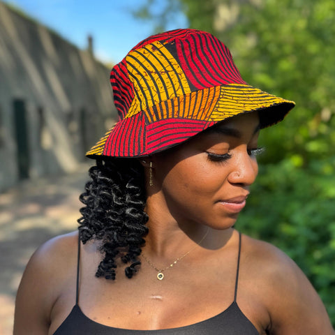 Bucket hat / Fischerhut mit afrikanischem Print - Rot & Gelb Concentric Circle Design - Kinder & Erwachsene Größen (Unisex)