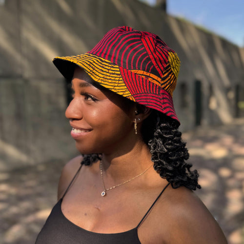 Bucket hat / Fischerhut mit afrikanischem Print - Rot & Gelb Concentric Circle Design - Kinder & Erwachsene Größen (Unisex)