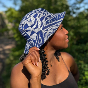 Bucket hat / Fischerhut mit afrikanischem Print - Blau Ndop Cameroon - Kinder & Erwachsene Größen (Unisex)
