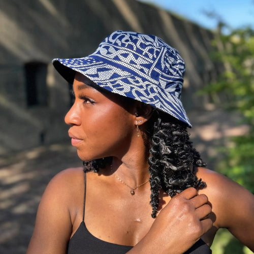 Bucket hat / Fischerhut mit afrikanischem Print - Blau Ndop Cameroon - Kinder & Erwachsene Größen (Unisex)
