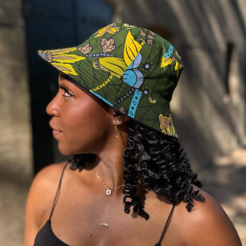 Bucket hat / Fischerhut mit afrikanischem Print - Dunkelgrün & Gelb Botanical Flow - Kinder & Erwachsene Größen (Unisex)