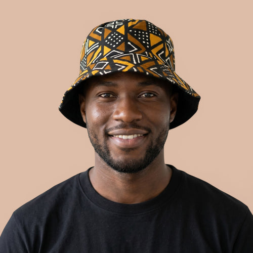 Bucket hat / Fischerhut mit afrikanischem Print - Braun Bogolan Geometry - Kinder & Erwachsene Größen (Unisex)