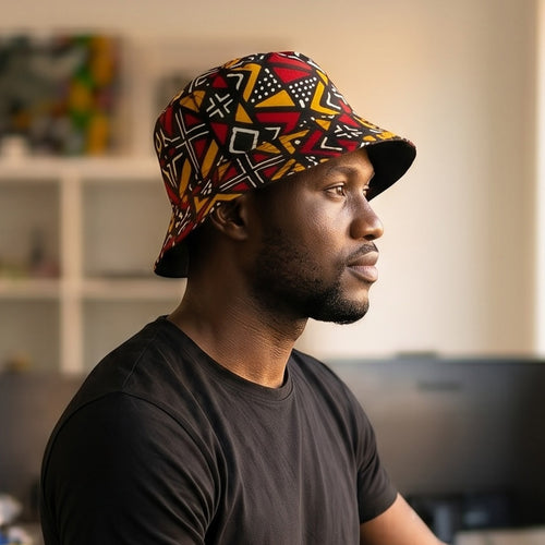 Bucket hat / Fischerhut mit afrikanischem Print - Rot Bogolan Geometry - Kinder & Erwachsene Größen (Unisex)