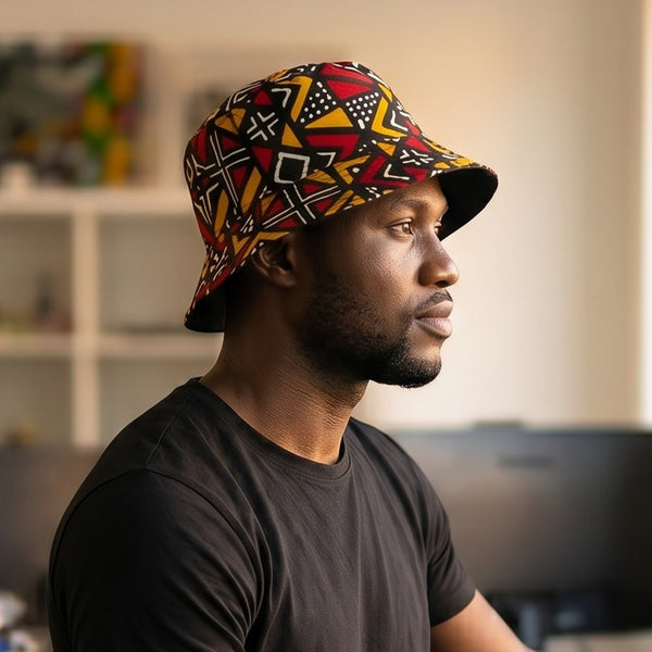Bucket hat / Fischerhut mit afrikanischem Print - Rot Bogolan Geometry - Kinder & Erwachsene Größen (Unisex)