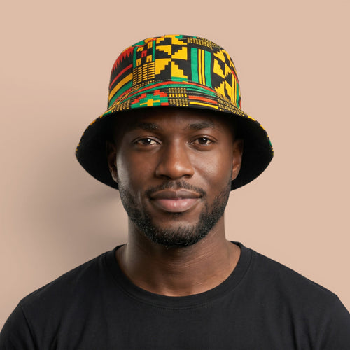 Bucket hat / Fischerhut mit afrikanischem Print - Schwarz Grün Kente - Kinder & Erwachsene Größen (Unisex)