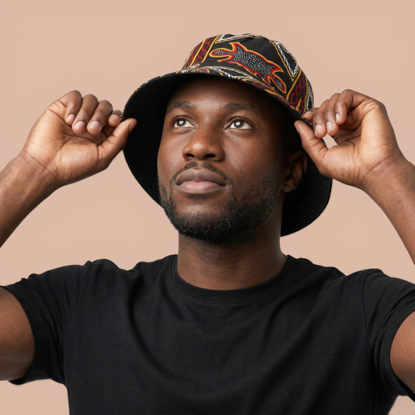 Bucket hat / Fischerhut mit afrikanischem Print - Schwarz Rot Toghu Bamenda Cameroon - Kinder & Erwachsene Größen (Unisex)