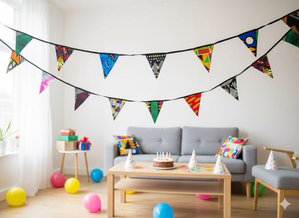 Wimpelkette aus Afrikanischem Stoff / Fahnen / Girlande - Schwarze Band - 5 Meter