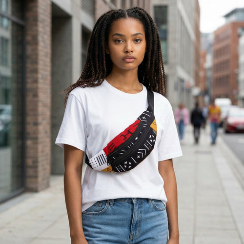 Bauchtasche mit afrikanischem Print Gürteltasche / Fanny pack / Hüfttasche / Bumbag - Rot bogolan symbols - mit verstellbarem Gurt