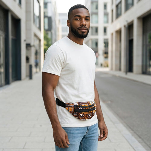 Bauchtasche mit afrikanischem Print Gürteltasche / Fanny pack / Hüfttasche / Bumbag - Braun bogolan patterns - mit verstellbarem Gurt
