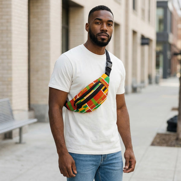 Bauchtasche mit afrikanischem Print Gürteltasche / Fanny pack / Hüfttasche / Bumbag - Grün / gelbe kente  - mit verstellbarem Gurt