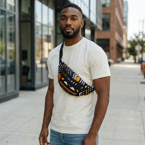 Bauchtasche mit afrikanischem Print Gürteltasche / Fanny pack / Hüfttasche / Bumbag - Braun Schwarz Bogolan