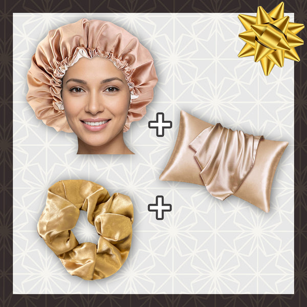SATIN-SET - Schütze dein Haar und deine Haut - Kaki Satin bonnet / Schlafhaube + Satin-Kissenbezug + Scrunchie