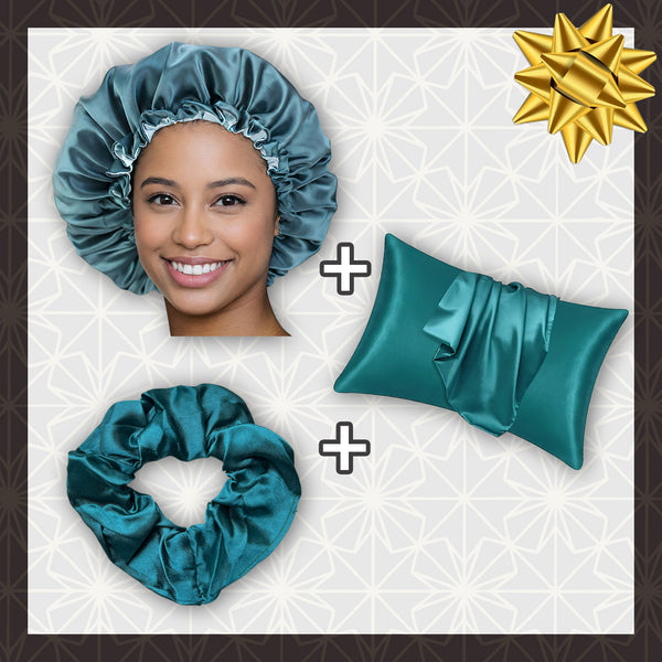 SATIN-SET - Schütze dein Haar und deine Haut - Teal Satin bonnet / Schlafhaube + Satin-Kissenbezug + Scrunchie