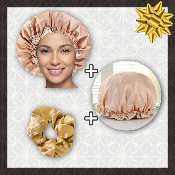 SATIN-SET - Schützen & Duschen - Kaki Satin bonnet / Schlafhaube + Duschhaube + Scrunchie