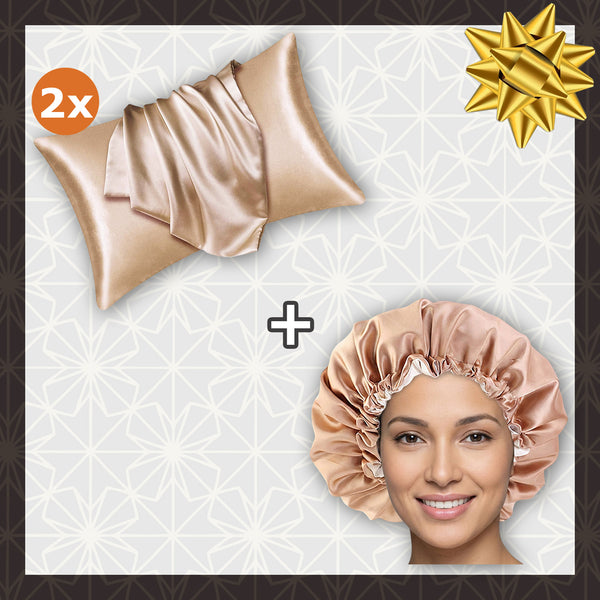 SATIN-SET - Schütze dein Haar und deine Haut - Kaki Satin bonnet / Schlafhaube +  2 x Satin-Kissenbezug
