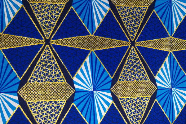 Afrikanischer Stoff - Exklusiv Verschönerte Glitzereffekte 100% Baumwolle - GL-4006 Blau Gold