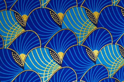 Afrikanischer Stoff - Exklusiv Verschönerte Glitzereffekte 100% Baumwolle - GL-4011 Blau Gold