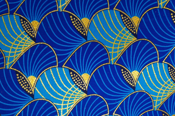Afrikanischer Stoff - Exklusiv Verschönerte Glitzereffekte 100% Baumwolle - GL-4011 Blau Gold