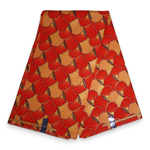 Afrikanischer Stoff - Exklusiv Verschönerte Glitzereffekte 100% Baumwolle - GL-4012 Rot Orange Gold