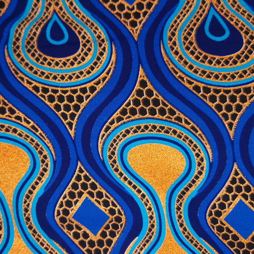 Afrikanischer Stoff - Exklusiv Verschönerte Glitzereffekte 100% Baumwolle - GL-4016 Blau Orange Gold