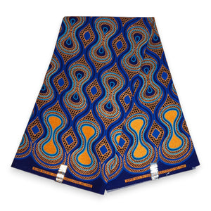 Afrikanischer Stoff - Exklusiv Verschönerte Glitzereffekte 100% Baumwolle - GL-4016 Blau Orange Gold