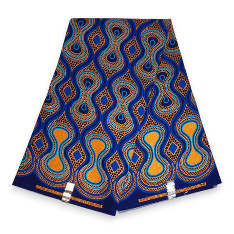 Afrikanischer Stoff - Exklusiv Verschönerte Glitzereffekte 100% Baumwolle - GL-4016 Blau Orange Gold