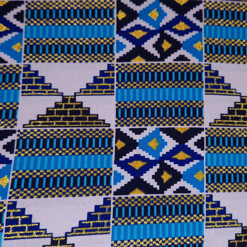 Afrikanischer Stoff - Exklusiv Verschönerte Glitzereffekte 100% Baumwolle - GL-4026 Blau Gold Kente