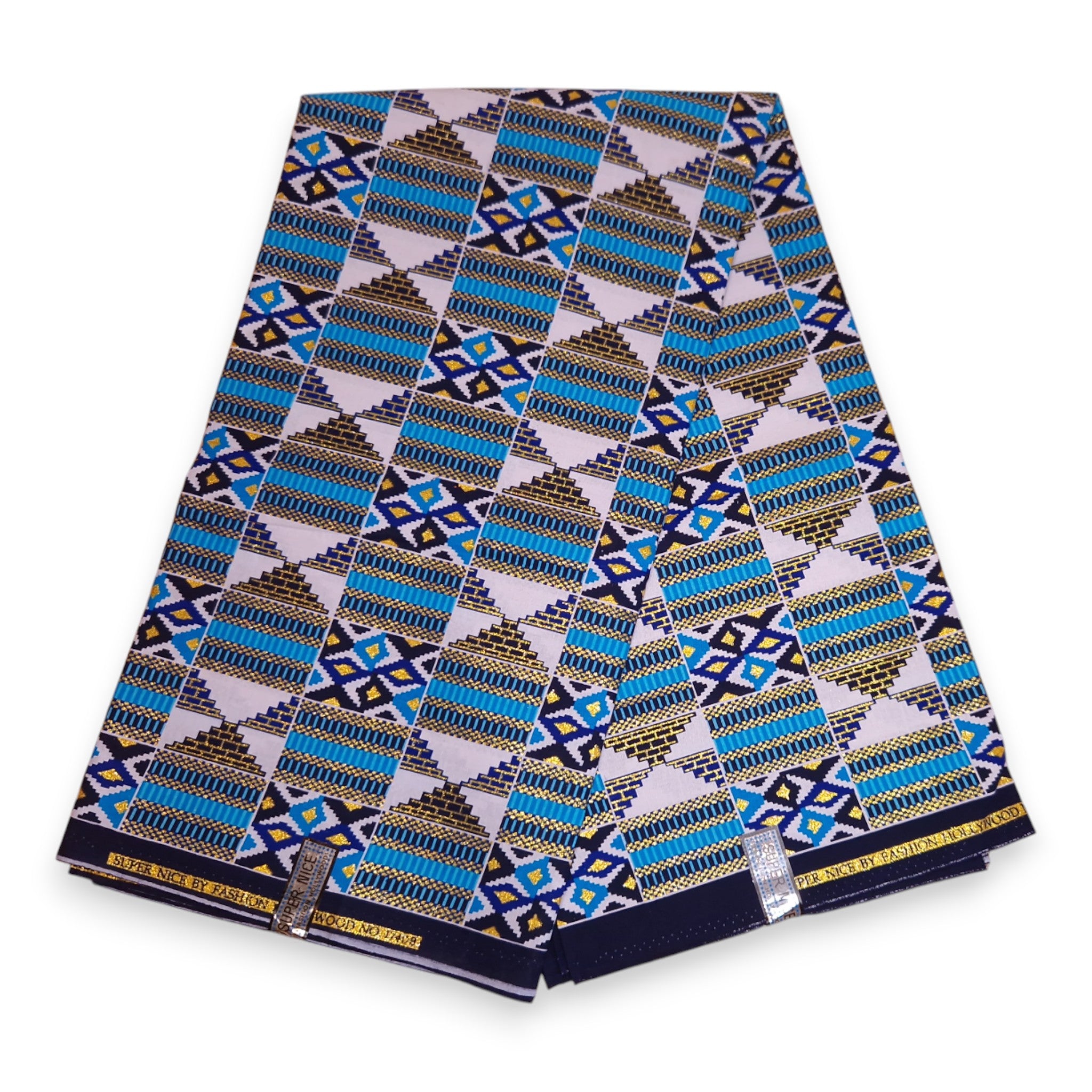 Afrikanischer Stoff - Exklusiv Verschönerte Glitzereffekte 100% Baumwolle - GL-4026 Blau Gold Kente
