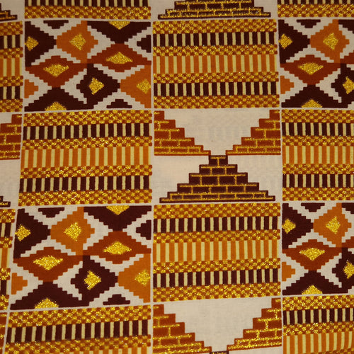 Afrikanischer Stoff - Exklusiv Verschönerte Glitzereffekte 100% Baumwolle - GL-4029 Senfgelb Braun Gold Kente