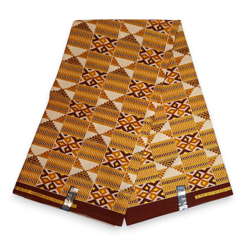 Afrikanischer Stoff - Exklusiv Verschönerte Glitzereffekte 100% Baumwolle - GL-4029 Senfgelb Braun Gold Kente