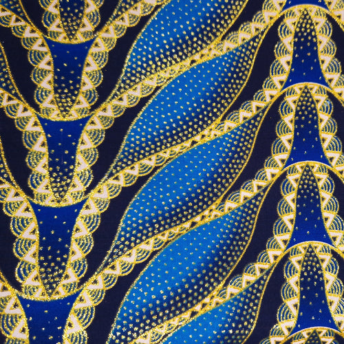 Afrikanischer Stoff - Exklusiv Verschönerte Glitzereffekte 100% Baumwolle - GL-4030 Blau Gold