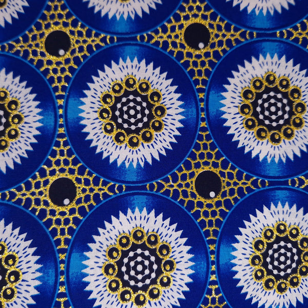 Afrikanischer Stoff - Exklusiv Verschönerte Glitzereffekte 100% Baumwolle - GL-4031 Blau Gold