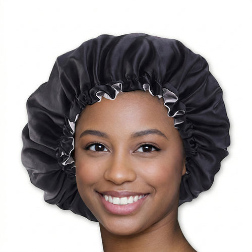 SATIN-SET - Schütze dein Haar und deine Haut - Schwarze Satin bonnet / Schlafhaube +  2 x Satin-Kissenbezug