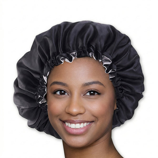 SATIN-SET - Schützen und bürsten Sie Ihr Haar - Schwarze Satin bonnet / Schlafhaube + Entwirrungsbürste  + Scrunchie