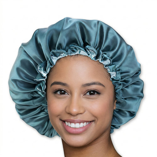 SATIN-SET - Schütze dein Haar und deine Haut - Teal Satin bonnet / Schlafhaube + Satin-Kissenbezug + Scrunchie