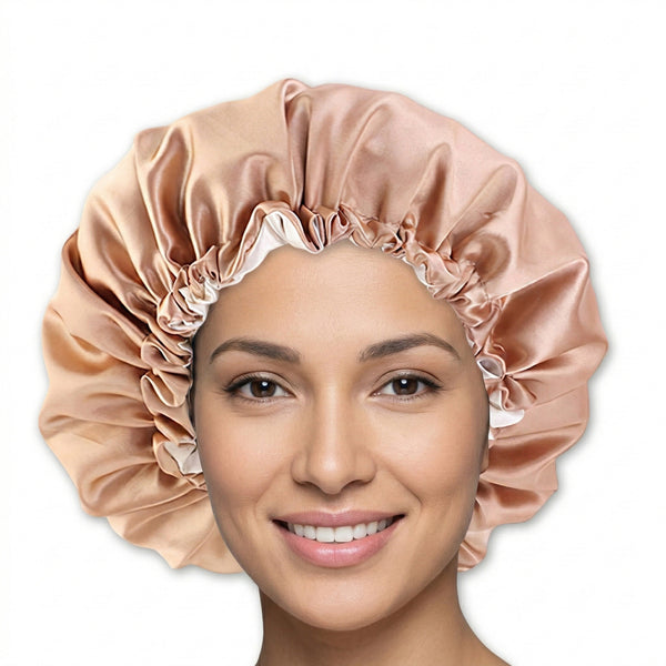 SATIN-SET - Schützen & Duschen - Kaki Satin bonnet / Schlafhaube + Duschhaube + Scrunchie