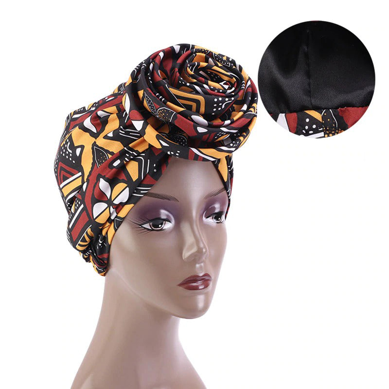 Vorgefertigtes Kopftuch / Schlafhaube - Afrikanische Bogolan Print Satin Kopfbedeckung