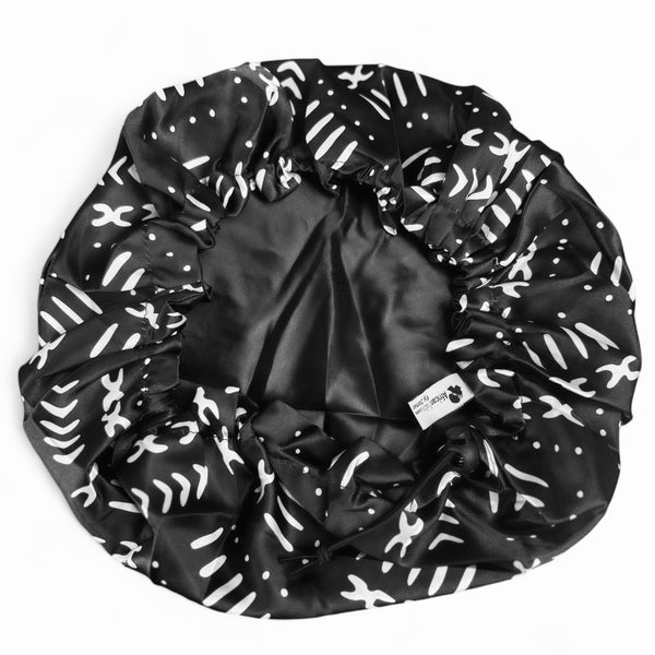 Schwarzer Bogolan Satin bonnet / Schlafhaube / Hair Bonnet / Nachtmütze zum Schlafen