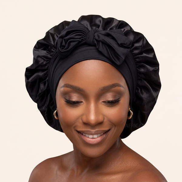 Satinhaube / Satin Hair Bonnet mit Bändern - Schwarz ( Satin Schlafhaube )