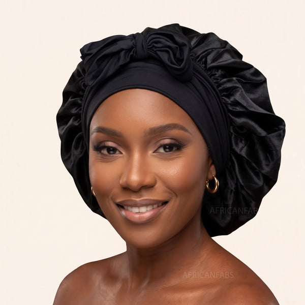 Satinhaube / Satin Hair Bonnet mit Bändern - Schwarz ( Satin Schlafhaube )