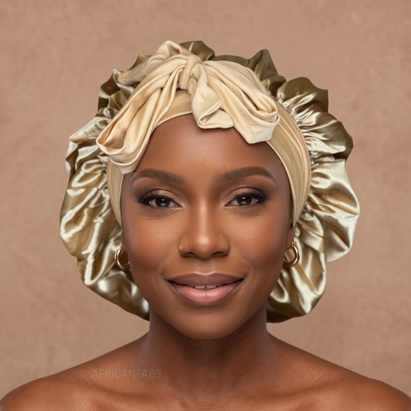 Satinhaube / Satin Hair Bonnet mit Bändern - Khaki ( Satin Schlafhaube )